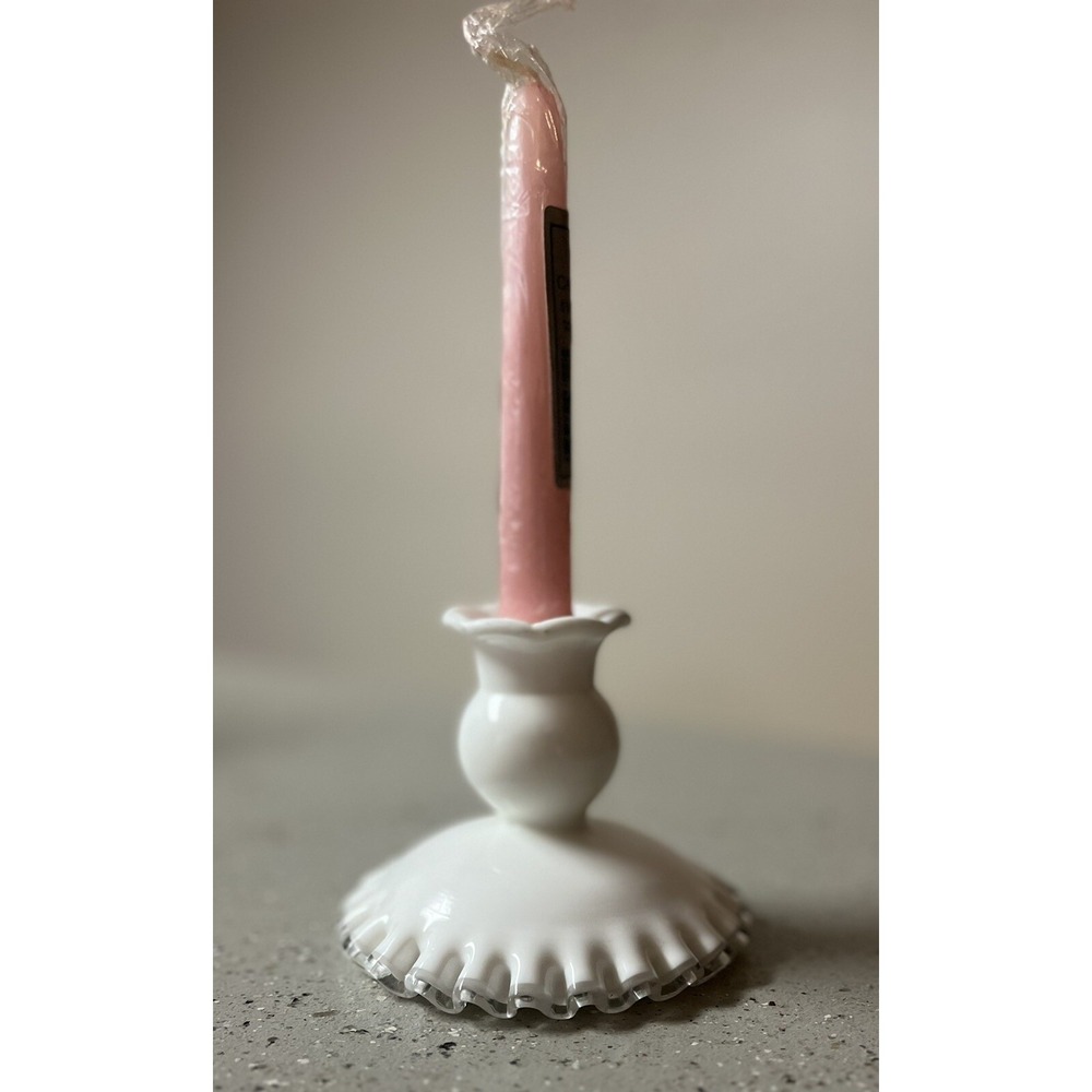 VTG Fenton Milk Glass Silver Crest Clear Ruffled Edge Pristine Pillar Holder